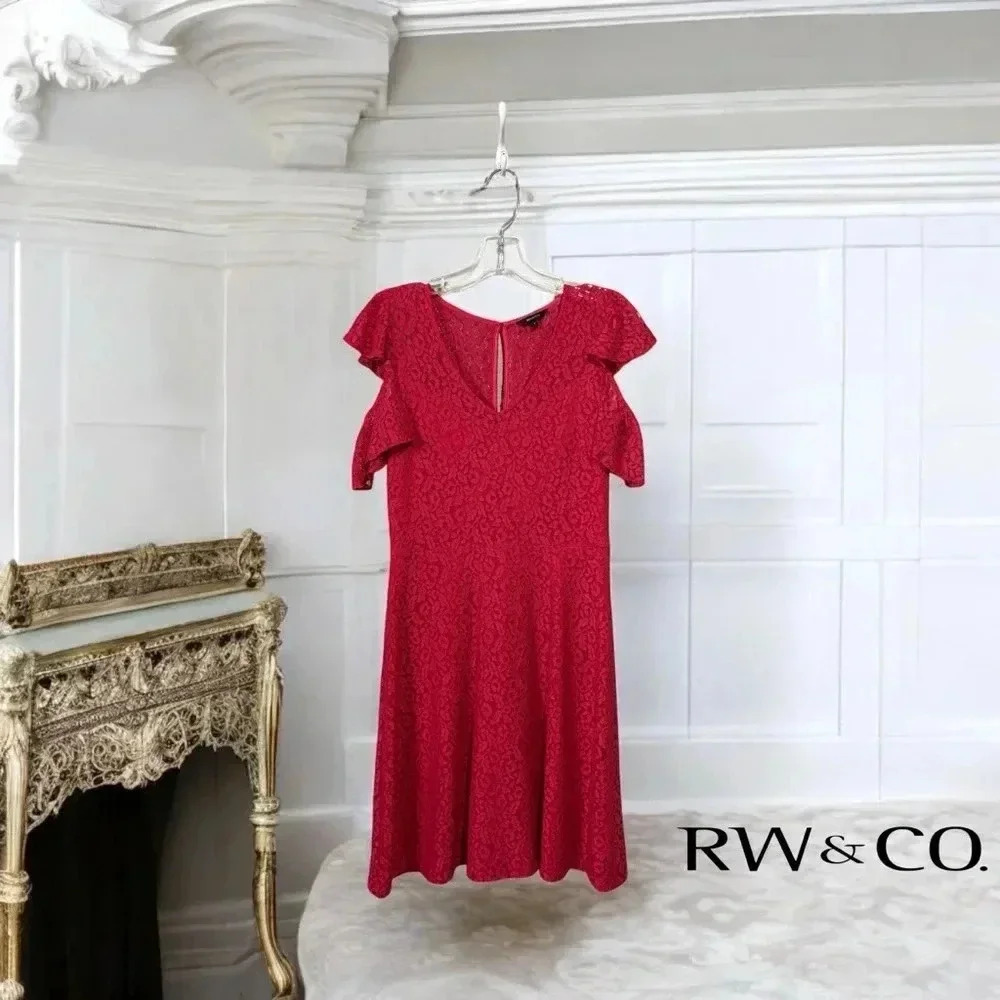 NWOT RW & CO. Fuchsia Lace Dress With Ruffled Sleeves, Size 4